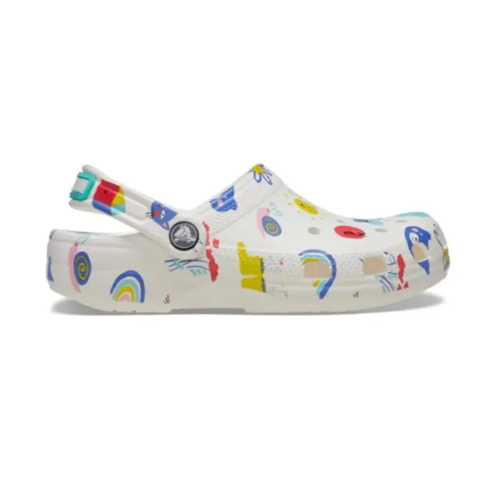 Crocs ﻿Kid's Junior White Multi Classic Doodle Print Clog Shoes Size 3